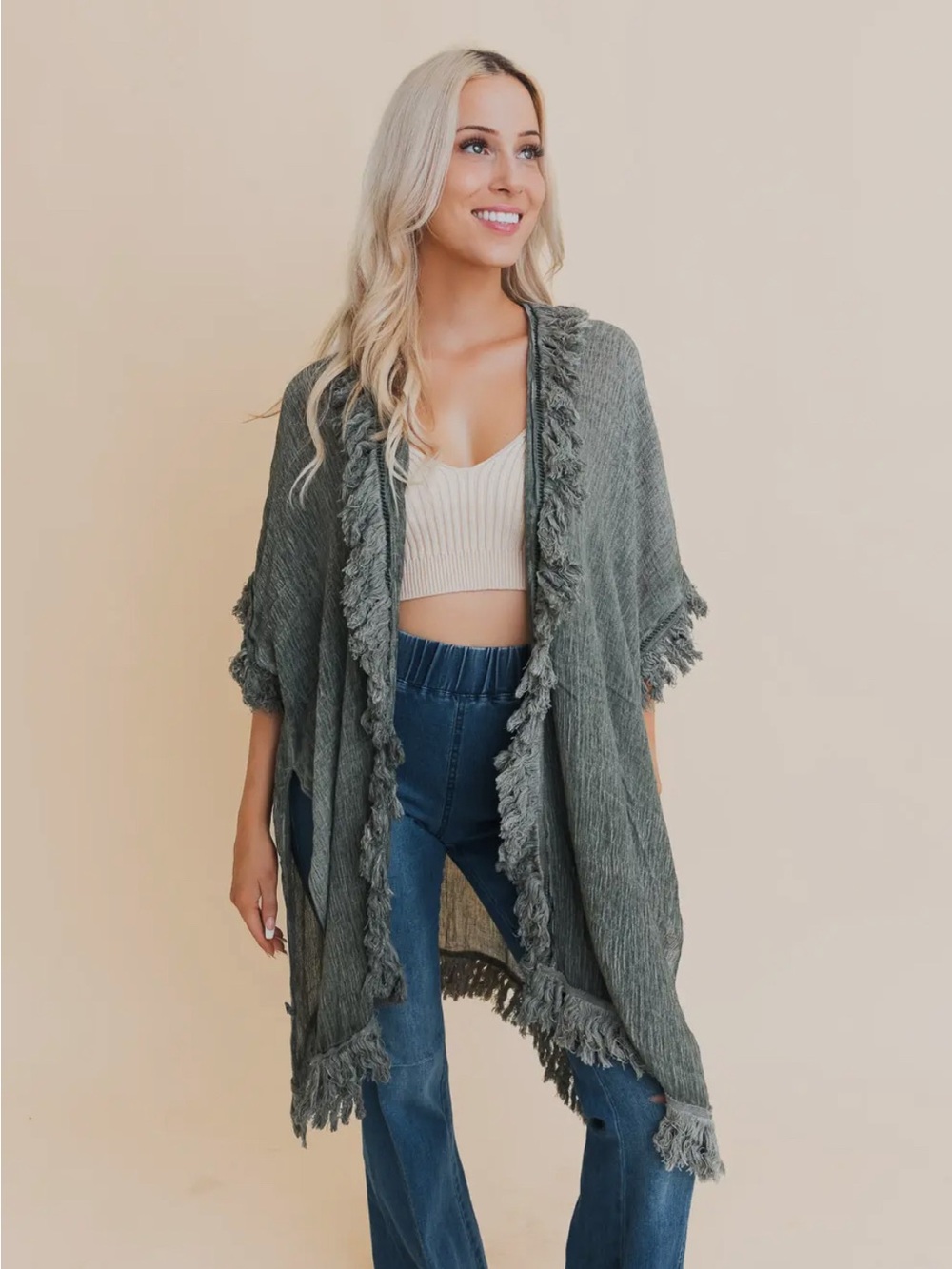 Fringed Open-Front Knit Cardigan Kimono in Sage Green